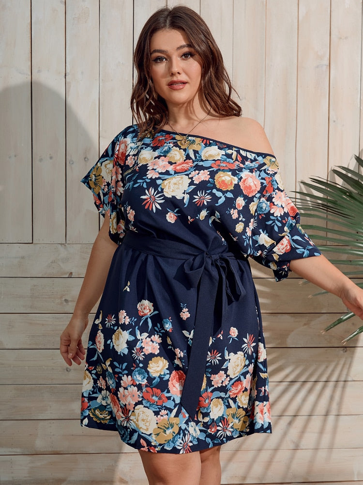 Women's Plus Size Floral Print Sleeve Belted Summer Dress - WD8159
