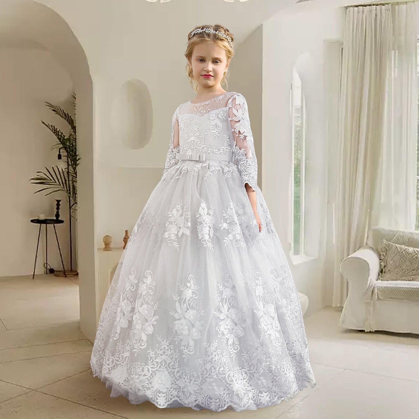 Kids Girl Lace Pageant Long Gown Princess Party Formal Evening Dress - KGD8342