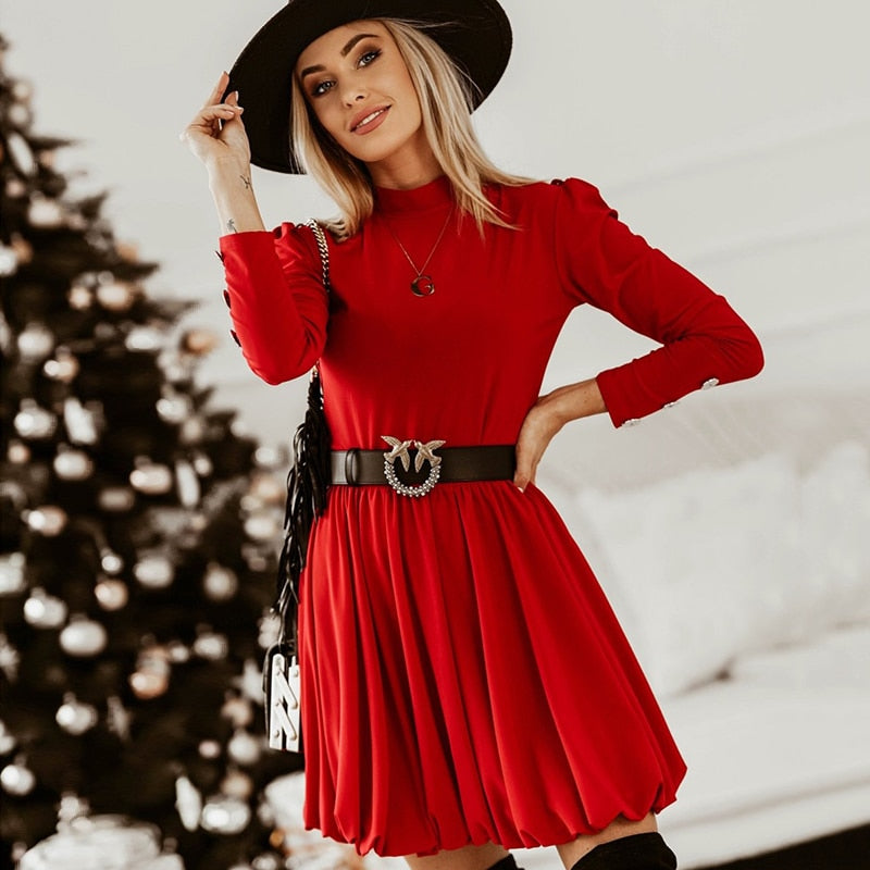 Women Solid Half High Collar Bud Dress Spring Summer Long Puff Sleeve Buttons Pleated Mini Party Dress - WD8259