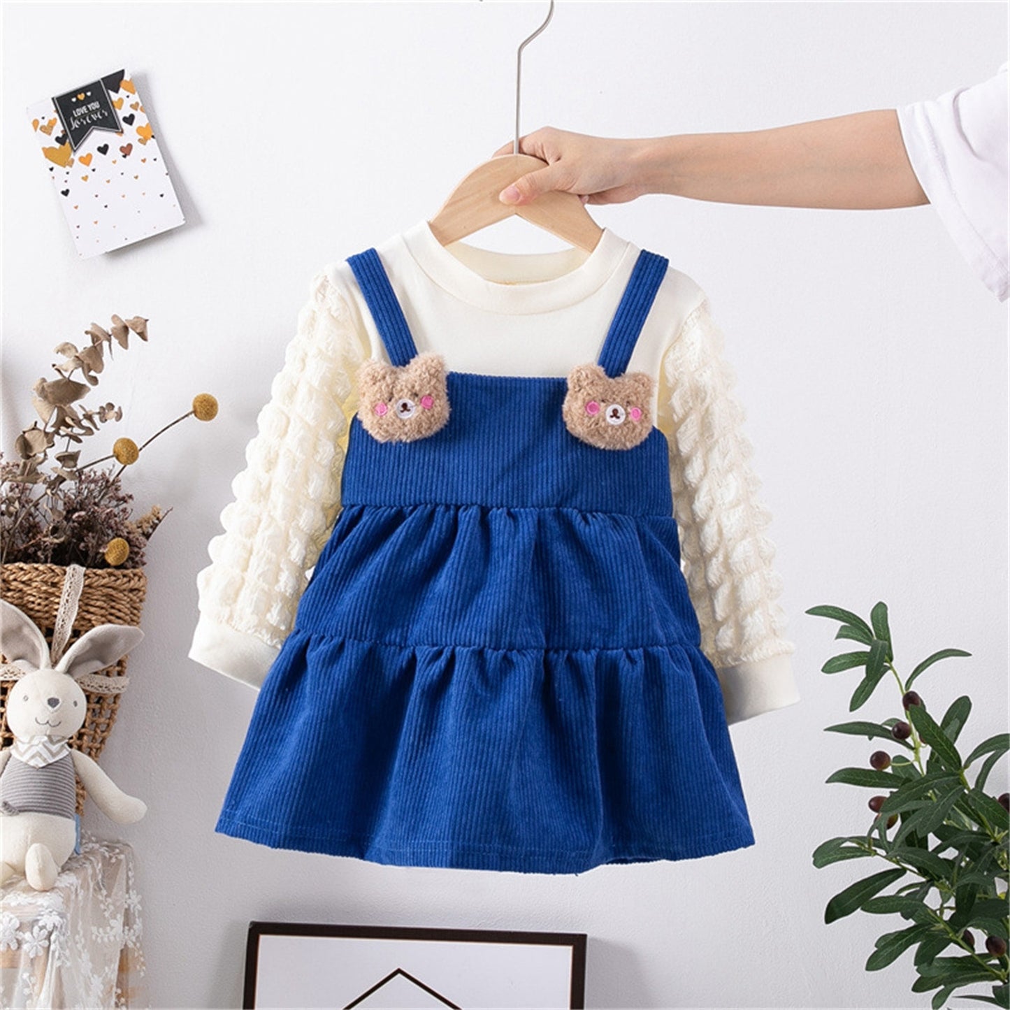 Toddler Kids Dress Baby Girls Winter Long Sleeve Soild Patchwork 3D Cute Bear Casual Princess Dress - BTGD8496