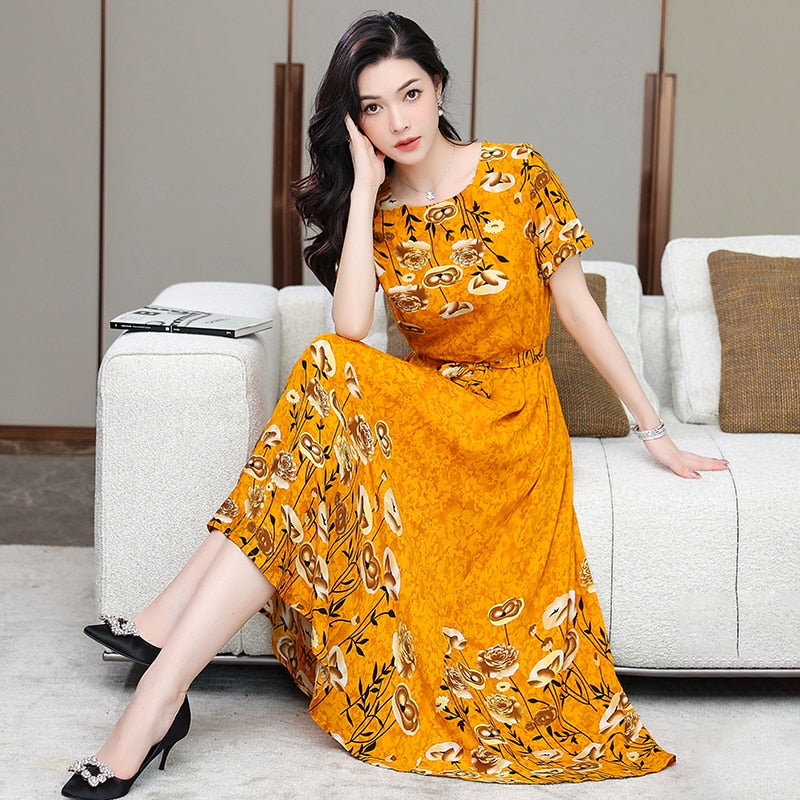 Women Casual Summer Loose Clothes Party Printing O-neck Maxi Dresses - WD8055
