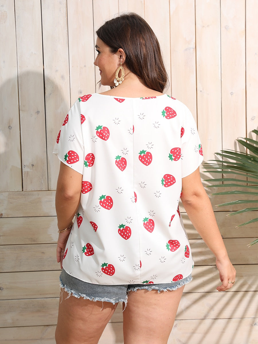 Women Plus Size Blouses Strawberry Print Blouse Loose Tee Women Casual Short Sleeve Tops - WTS8179