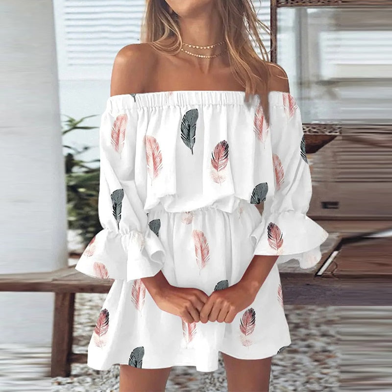 Women Summer Half Sleeves A-line Dress Casual Print Fashion Off-shoulder Short Dress - WD8246