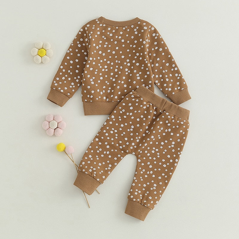 Baby Girls 2-piece Flower Print Long Sleeve Sweatshirt with Elastic Waist Outfit - BTGO8400