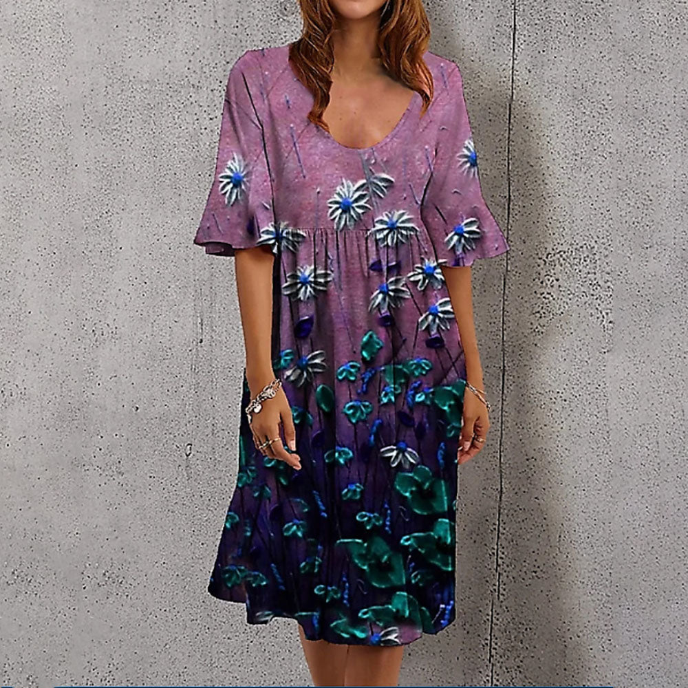 Women Summer Fashion Trend Hot Push Women Round Neck Mid Sleeve High Quality Chic Printed Dress - WD8096