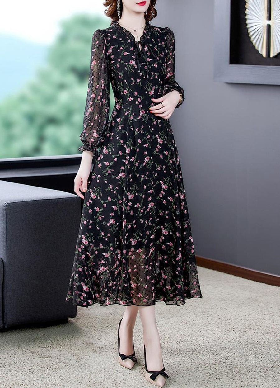 Women Floral Mid Dress Summer New Elegant Short Sleeve V- Neck Dress - WD8005