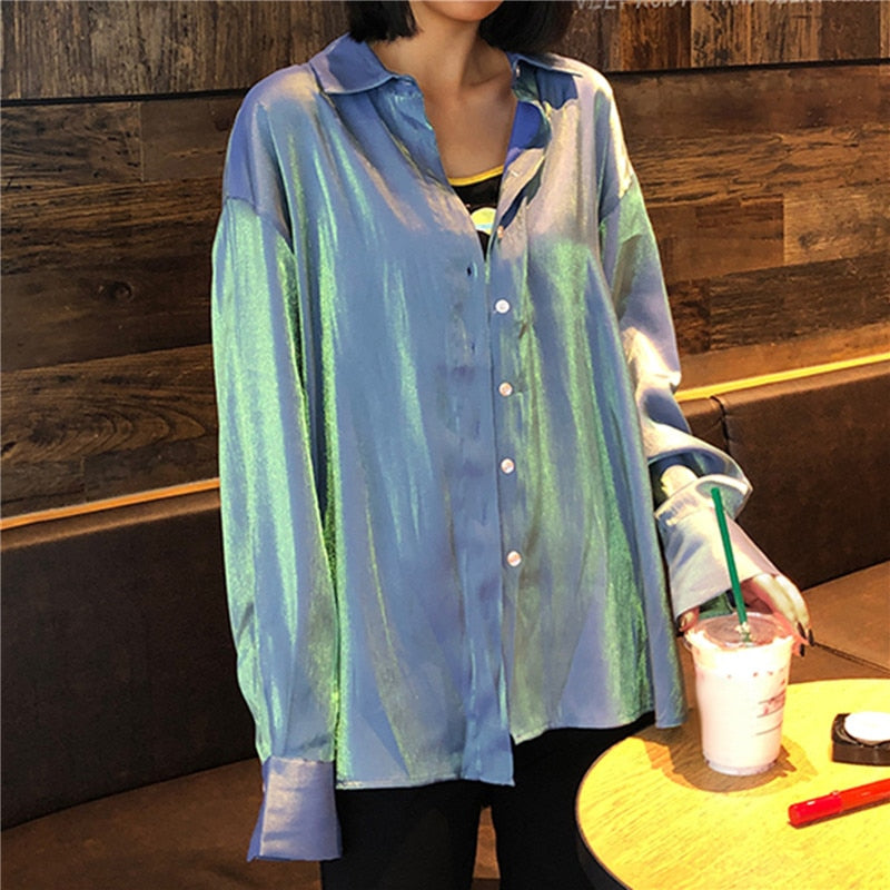 Women's  Collar Office Lady Blouse Vintage Silk Shirt Loose Button Up Down Shirts Solid Fashion Tops - WSB8541