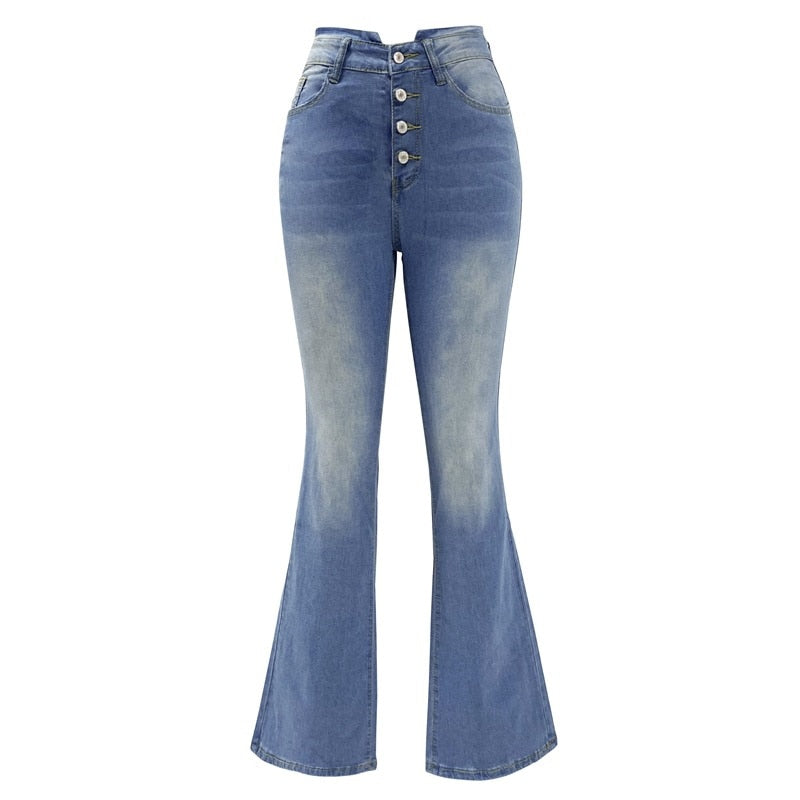 Women Vintage High Waist Button Splicing Slightly Flared Jeans - WJN0002