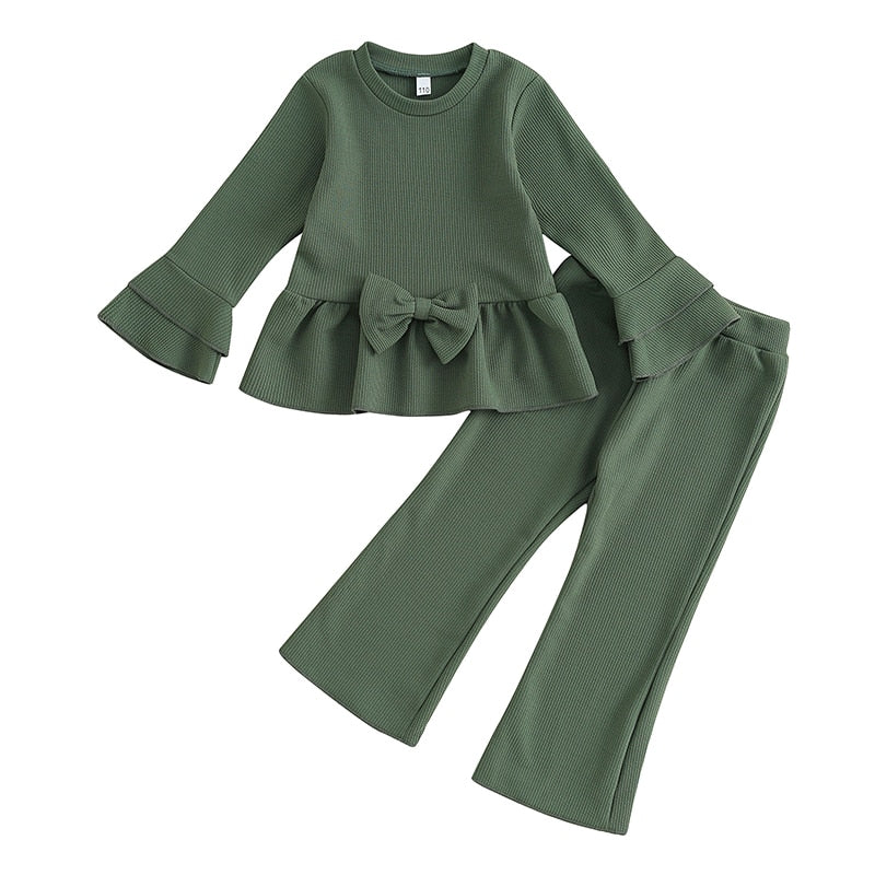 Baby&Toddler Girls Spring Fall  Long Sleeve Bow Decor Tops Flared Pants Girl Outfit Set - BTGO8393