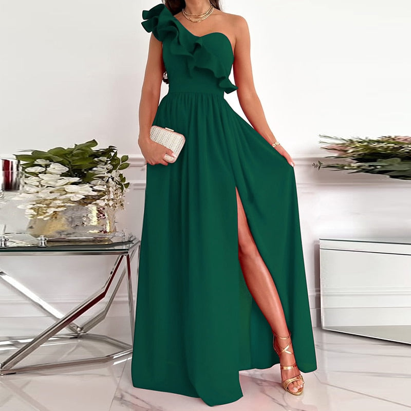 Women Off-shoulder Ruffled Maxi Dress Summer Casual Solid Color Sleeveless Slim Dress - WD8234
