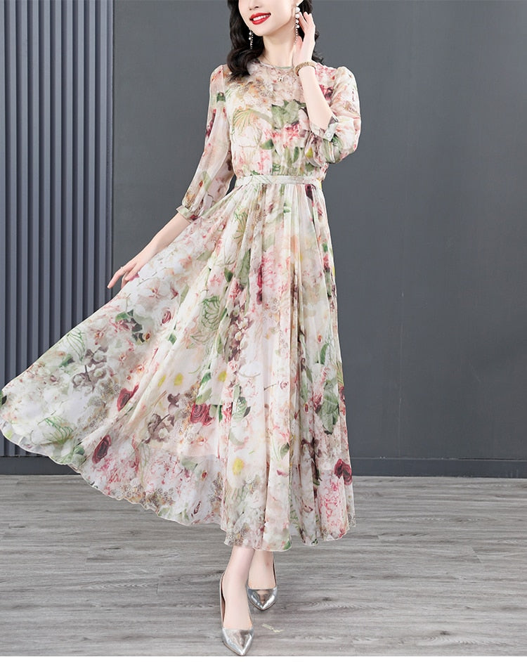 Women Summer Silk Floral Beach  Midi Plus Size Elegant Maxi Dress - WD8057