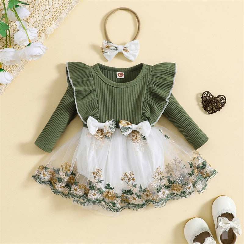Baby Girls 2 Piece Outfits Embroidery Long Sleeves Romper Dress - BTGD8459