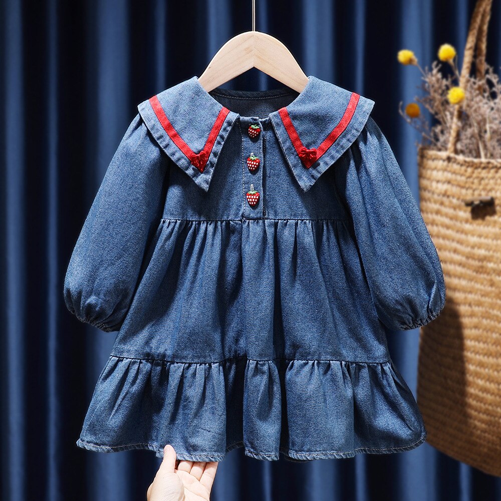 Baby Girls Denim Princess Dress Fashion Long Sleeve Toddler Infant Dresses - BTGD8469