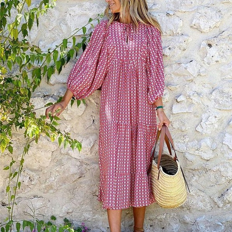 Women Summer Autumn Puff Sleeve Maxi Dress - WD8048