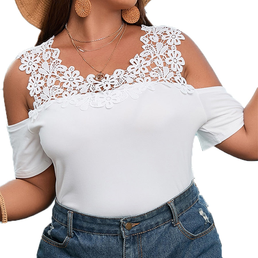 Women's Plus Size Solid Tops Fashion Summer Lace Ladies Short Sleeve Tops - WSB8173