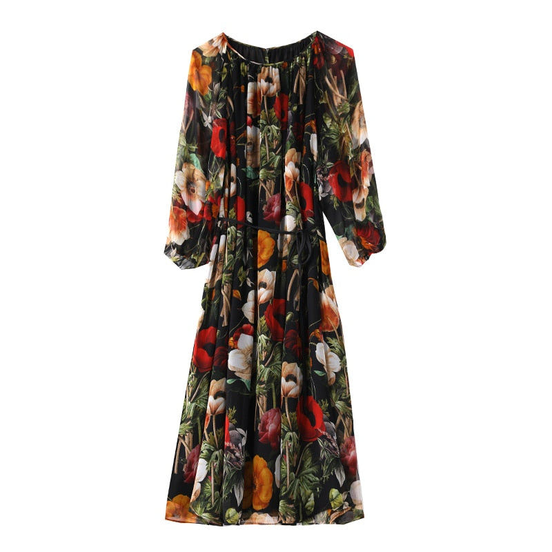 Women Spring Summer Silk Dress O-neck Slim Printed Lace-up Dress Loose Casual Long Dress - WD8064