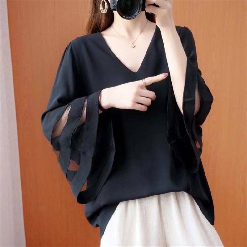 Women Sweet Elegant Casual V-neck Flare Sleeve Mesh Solid Color Loose Tops Blouses - WSB8523