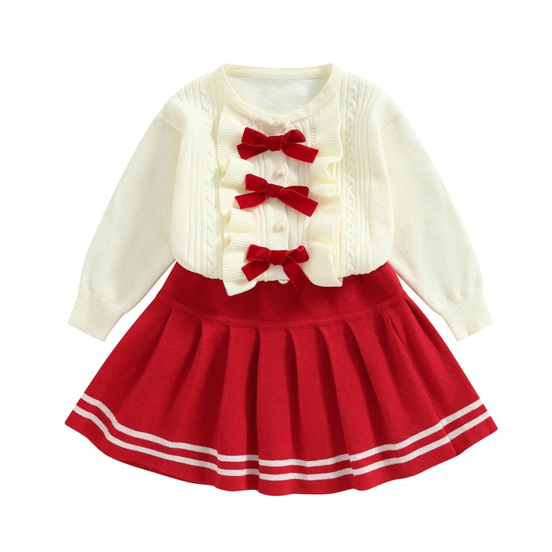 Toddler Girls Autumn Winter  Clothes Baby Long Sleeve Bow Front Knit Pullover Tops Pleated Skirt Sets - BTGO8378