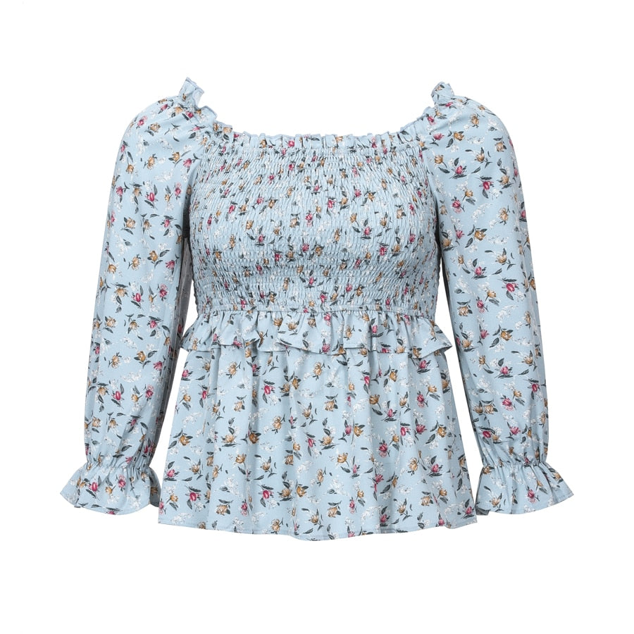 Women's Floral Print Shirred Frill Trim Flounce Sleeve Blouse Plus Size - WPSB8172