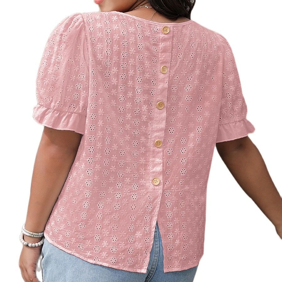Women Plus Size Button Detail Schiffy Blouse Short Sleeve Hollow Oversized T-shirt Summer Casual Temperament Top - WPSB8169