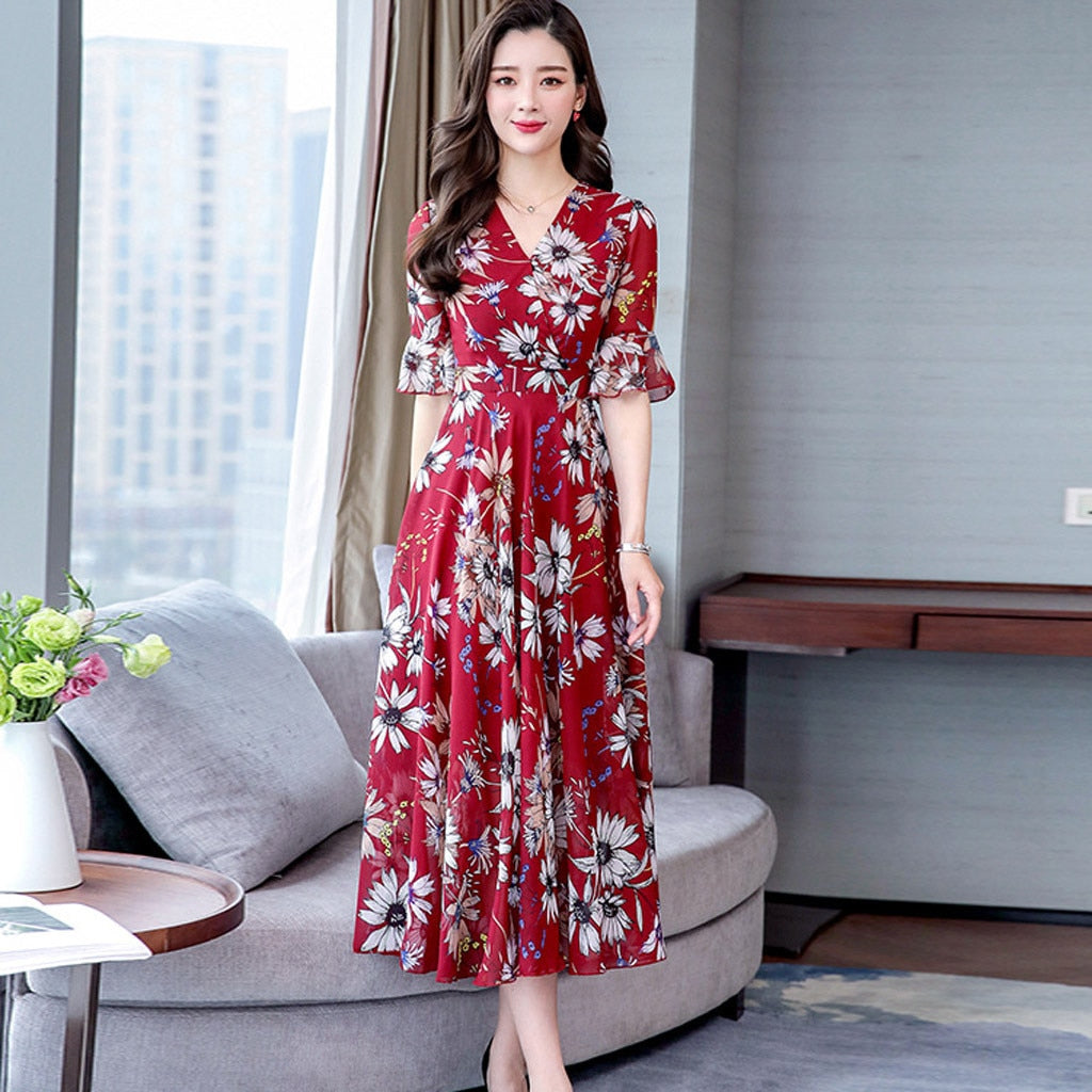 Women Floral Long Dress 2023 Casual Fashion Chiffon A Line V Neck Short Sleeve Summer Dress - WD8060