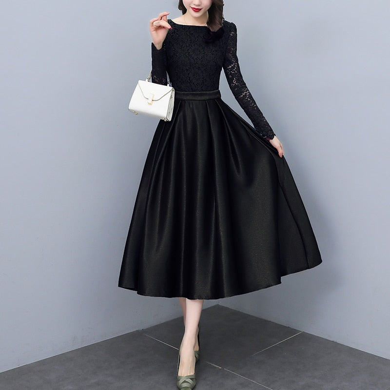 Women Long Sleeve Lace Mid-length Dress Spring Slim High Waist A-Line Dress - WD8042