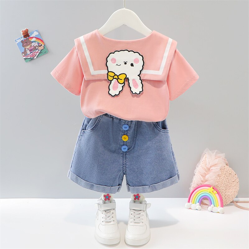 Baby Girls Sets Summer Toddler Kids Clothes Infant Cartoon T Shirt Denim Shorts 2 Piece Suit Casual Outfits - BTGO8397