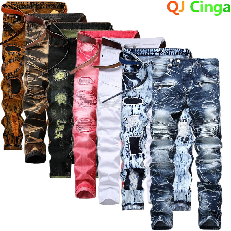 Men's New Motorcycle Jeans Pleated Holes Decorative Denim Pants Men Casual Jeans - MJN0065