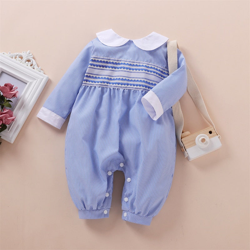 Newborn Baby Girls Jumpsuits Embroidered Casual Striped Long Sleeves Romper