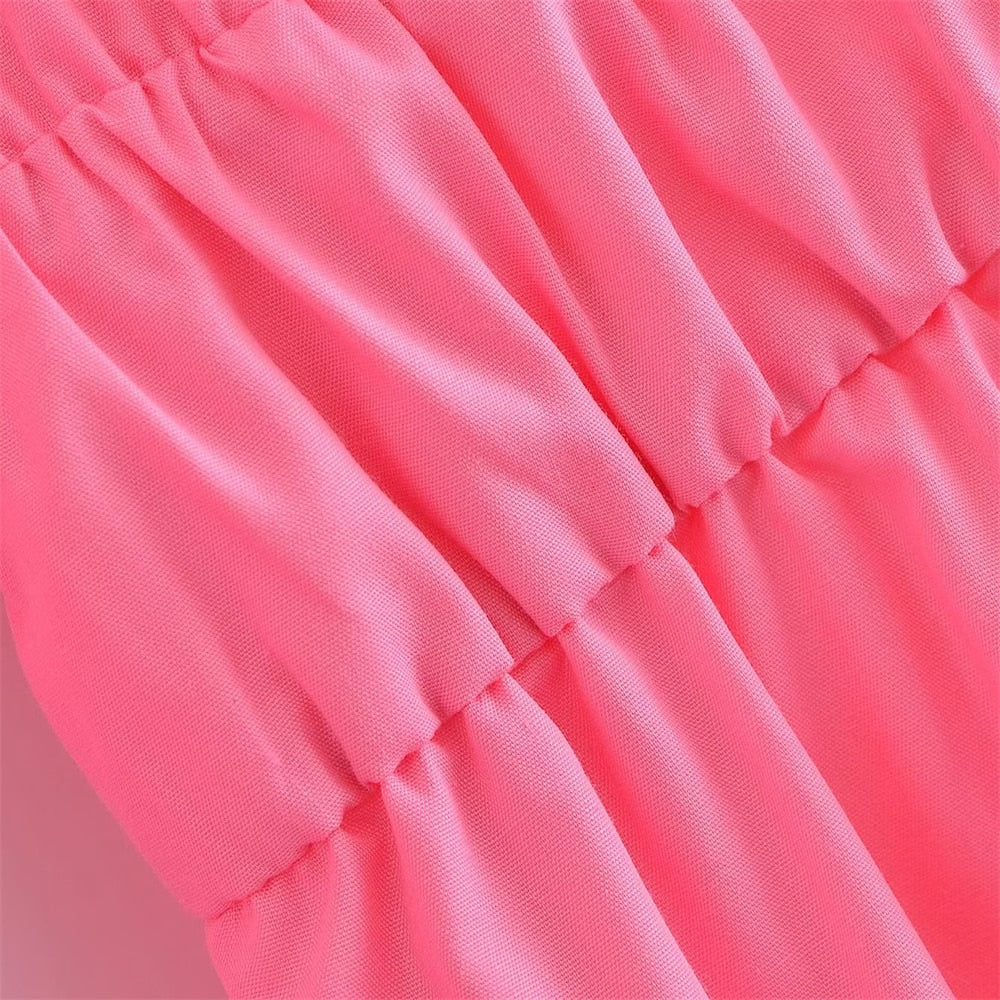 Women Puff Sleeves Spring Pink Dress Women Holiday One Shoulder Ruffled Mini Dresses - WD8205