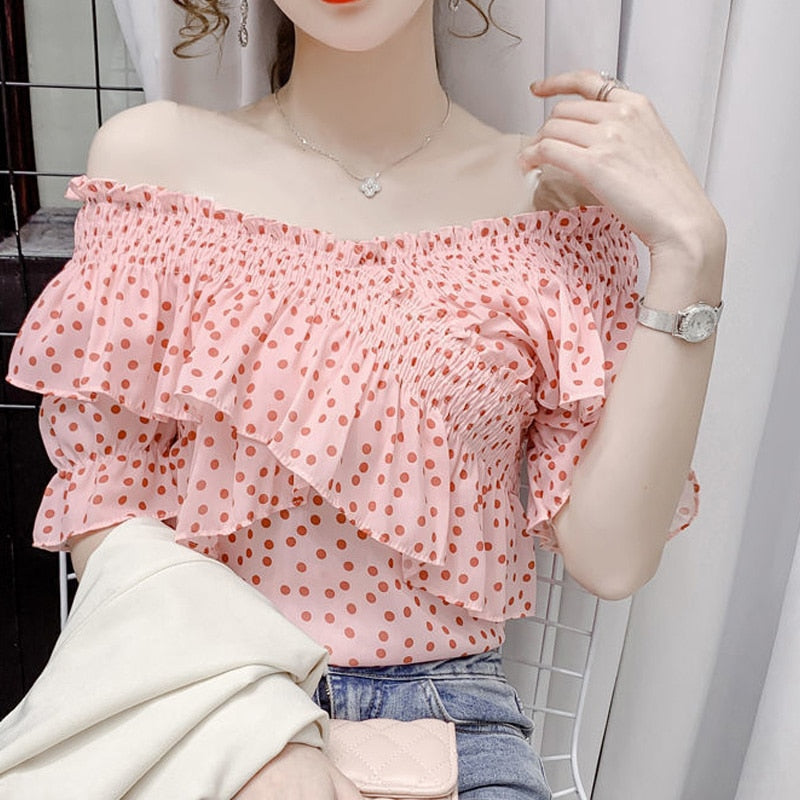 Women Summer New Fashion Polka Dot Printing V-neck Puff Sleeve Casual Blouse - WSB8559