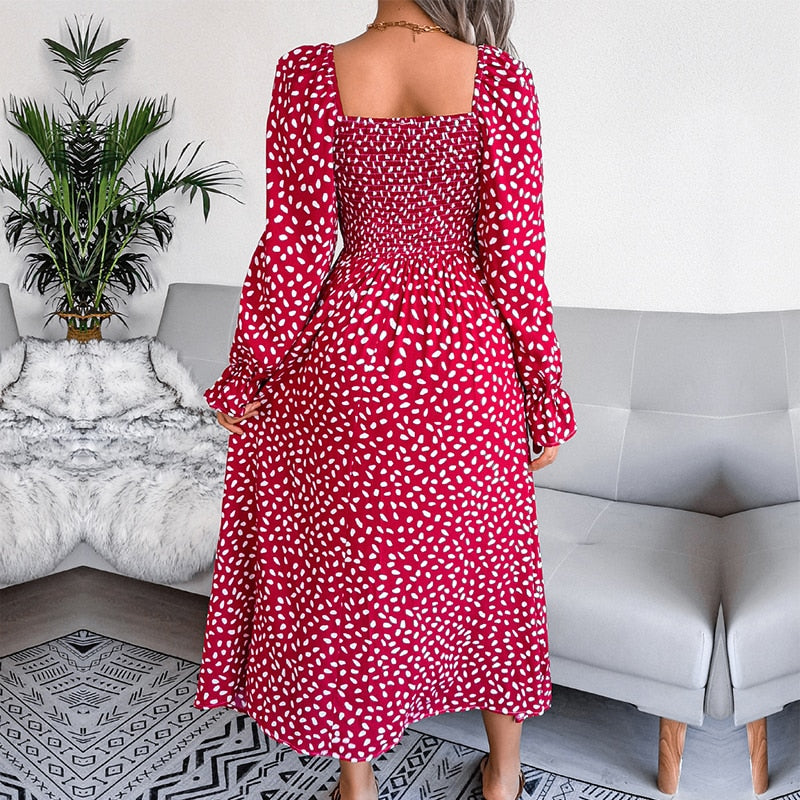 Women Square Neck Full Sleeve A Line Pleated Printed Long Dress - WD8021