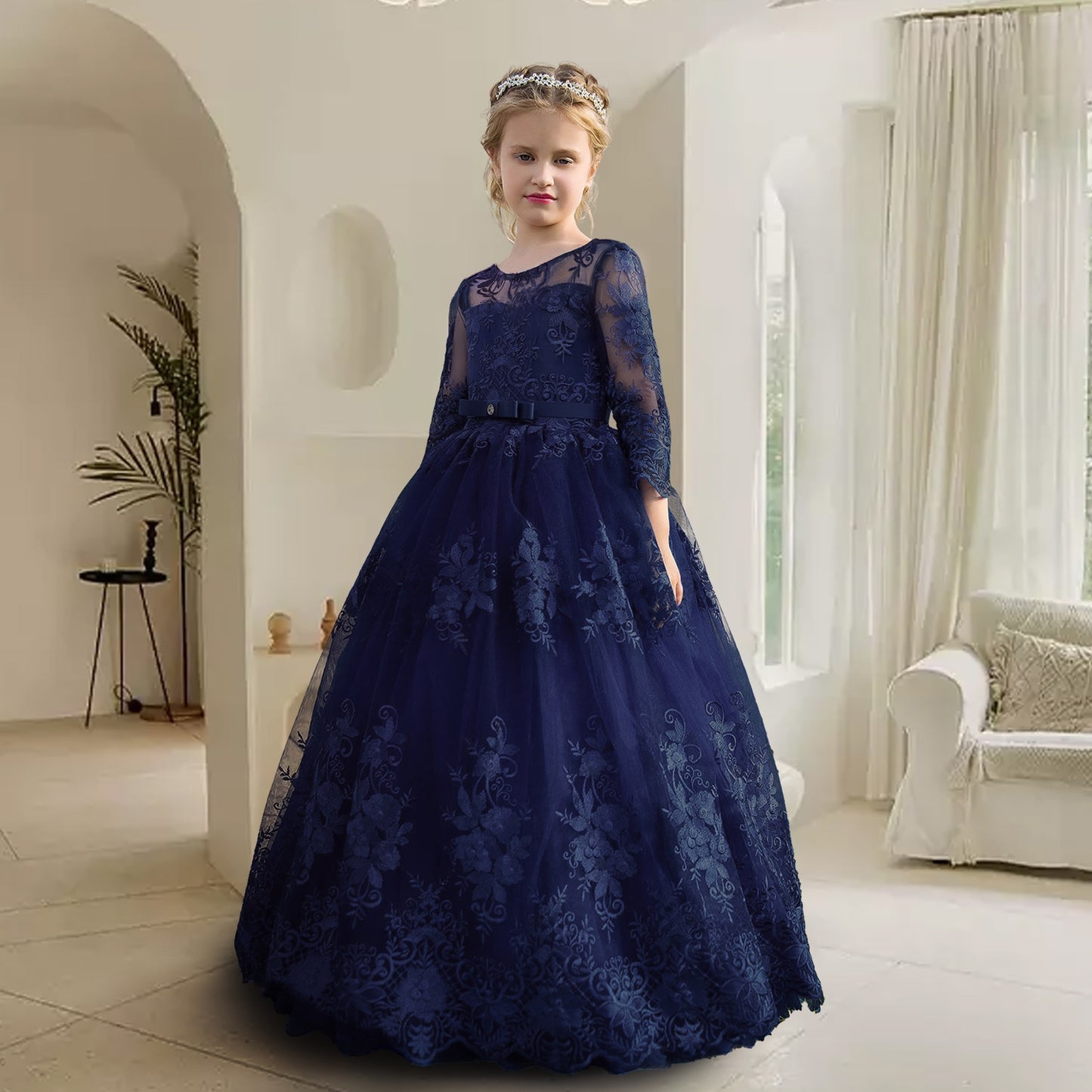 Kids Girl Lace Pageant Long Gown Princess Party Formal Evening Dress - KGD8342