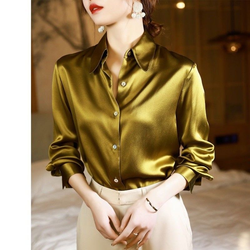 Women Shirt Elegant Office Button Up Long Sleeve Shirts Momi Silk Crepe Satin Blouses - WSB8544