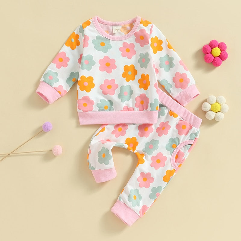 Baby Toddler Girls Floral Print Long Sleeve Casual Pants Baby Fashion 2 Piece Outfit - BTGO8373