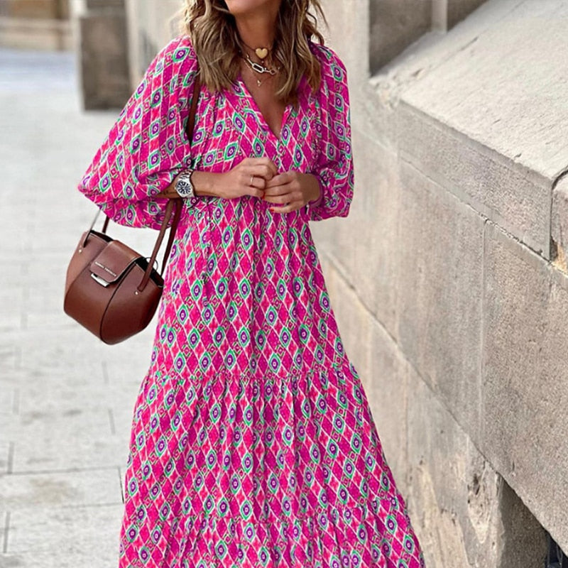 Women Summer Puff Sleeve V Neck Printing Long Dress Loose Casual Floral Dress - WD8001