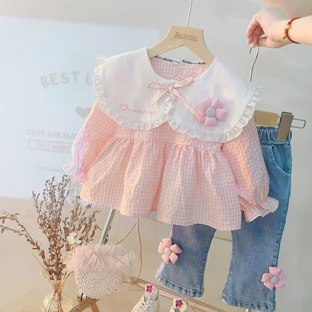 Baby Girl Flower Clothing Set Winter Infant Cute Girls Indoor Jeans Suit Long Sleeve Outfit