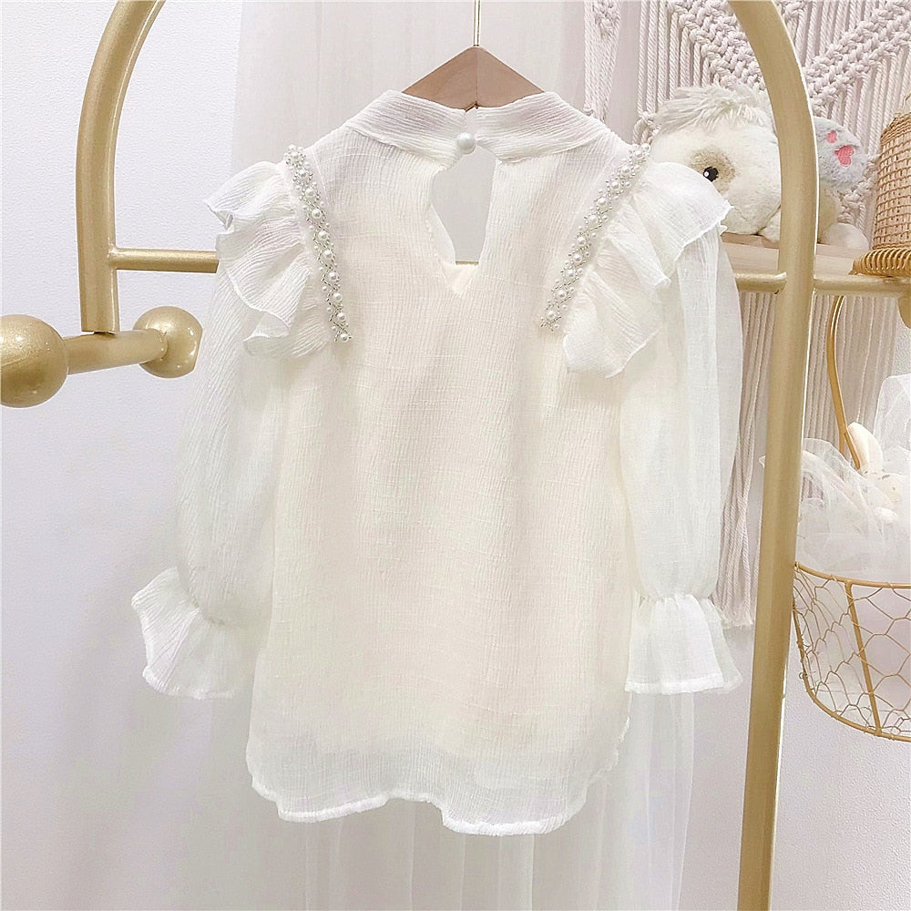 Children Clothing Girls Spring Autumn Sweet Pearl Chiffon Bow Shirt Doll Dress - BTGD8479