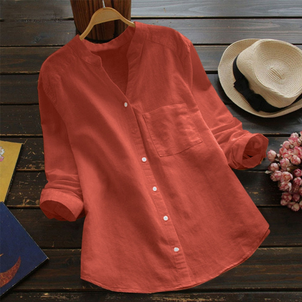 Women's Blouses Pockets Cotton Linen Casual Women's Shirts Summer Top - WSB8553