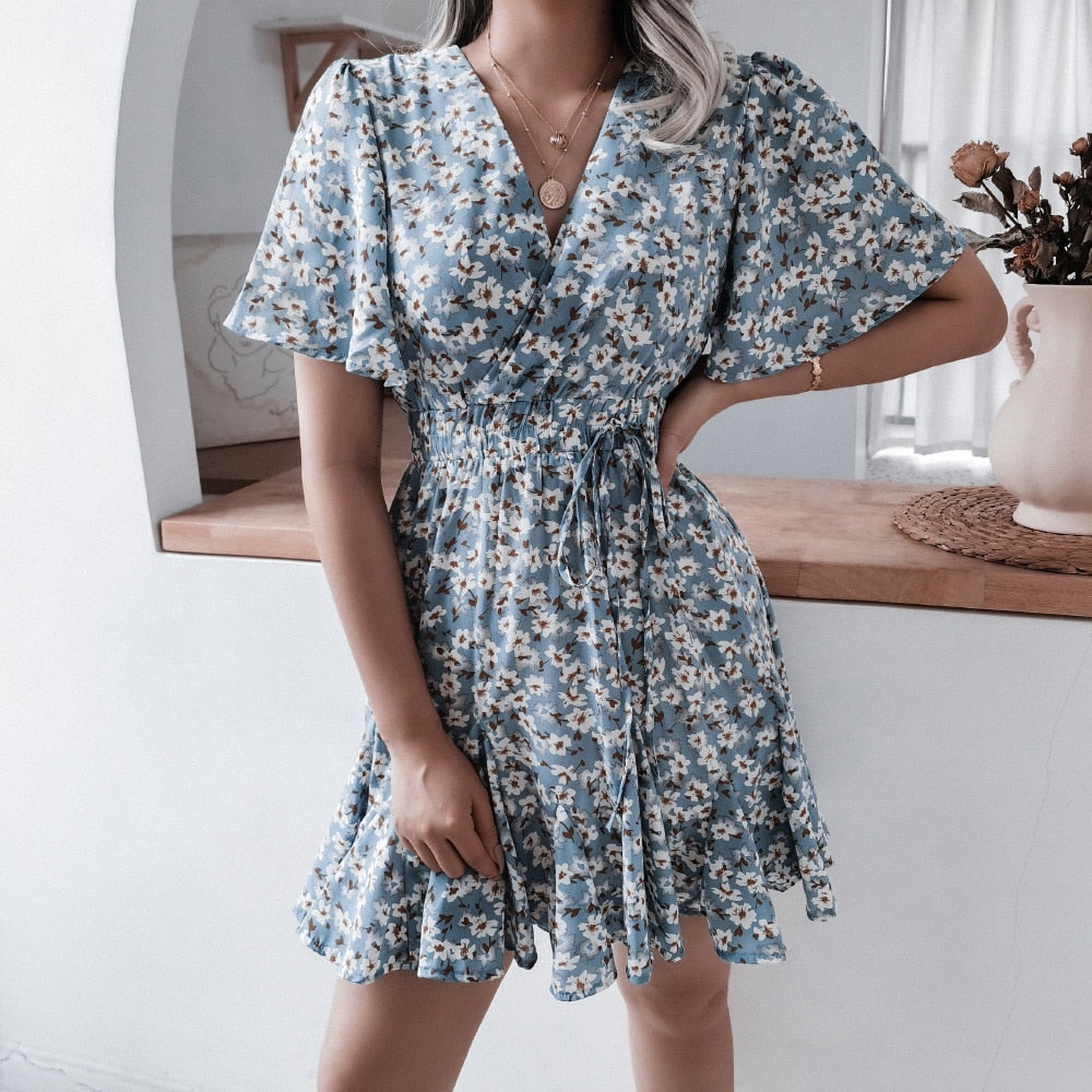 Women Spring And Summer Casual Short Sleeved V-neck Floral Pleated Dress - WD8087