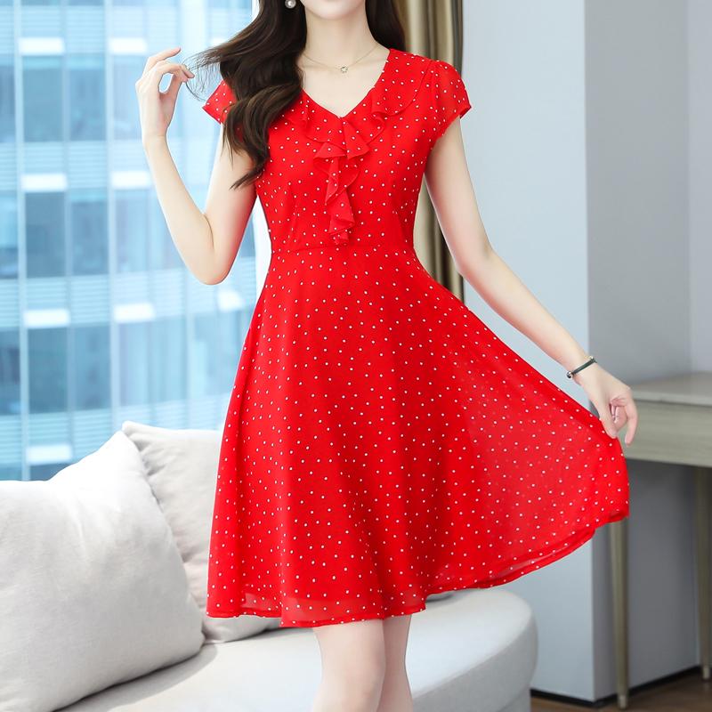 Women Polka Dot Printed Chiffon Summer Dress Short Sleeve Floral Elegant Red Black Midi Dress - WD8104
