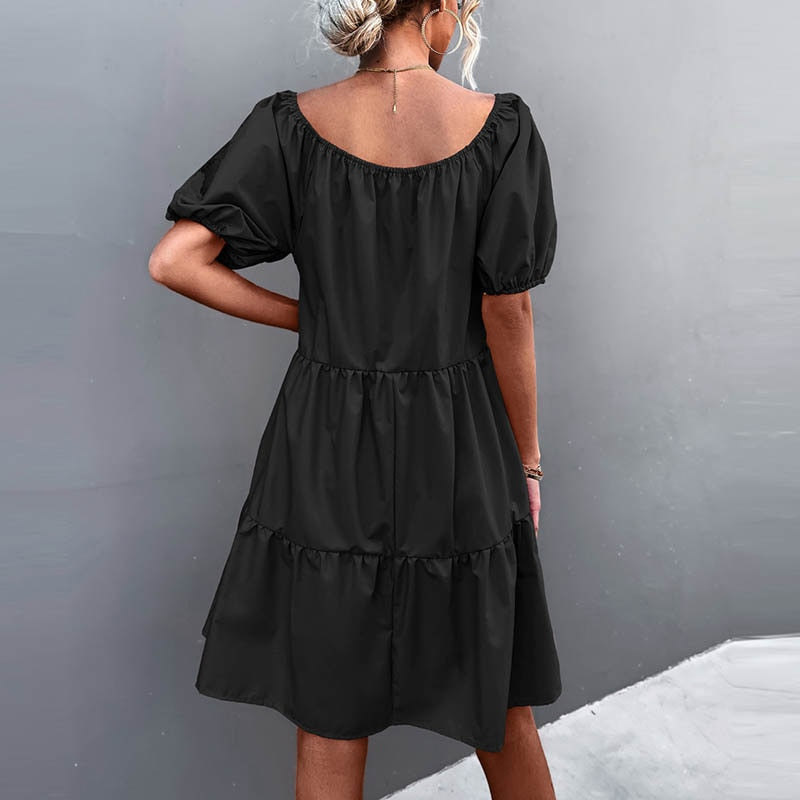 Women Short Dress Casual Solid Color Short Sleeves Square Collar High Waist Dress - WD8241