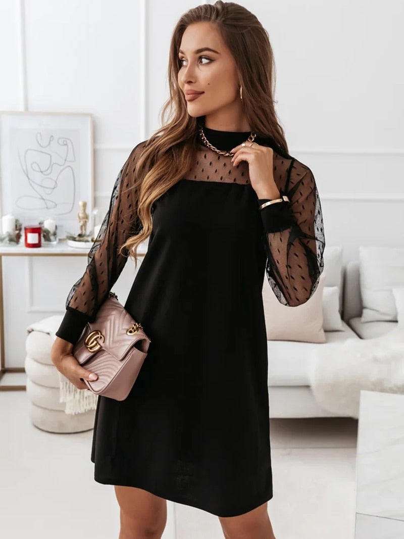 Women Mock-neck Mesh Stitching Straight Dress Spring Autumn Long Sleeves Casual Loose Mini Dress - WD8262