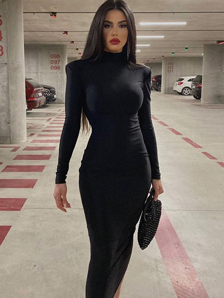 Women Turtleneck Black Bodycon Maxi Dress Winter Casual Streetwear Costume Casual Going Out Dress - WD8152