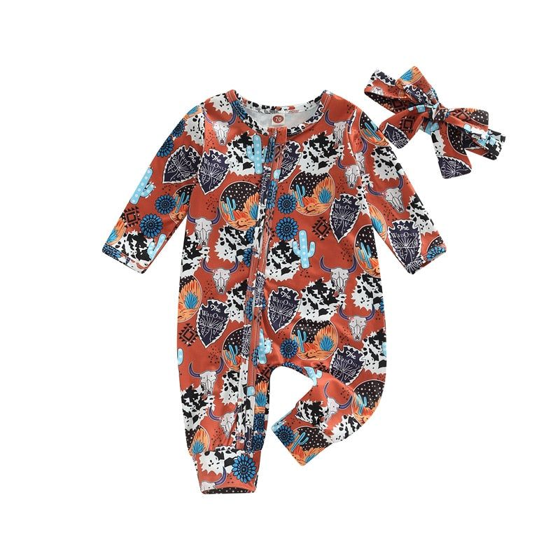 Autumn Toddler Baby Romper And Headband Infant Girls Long Sleeve Floral/Cattle Print Zipper Jumpsuit - BTGR8455