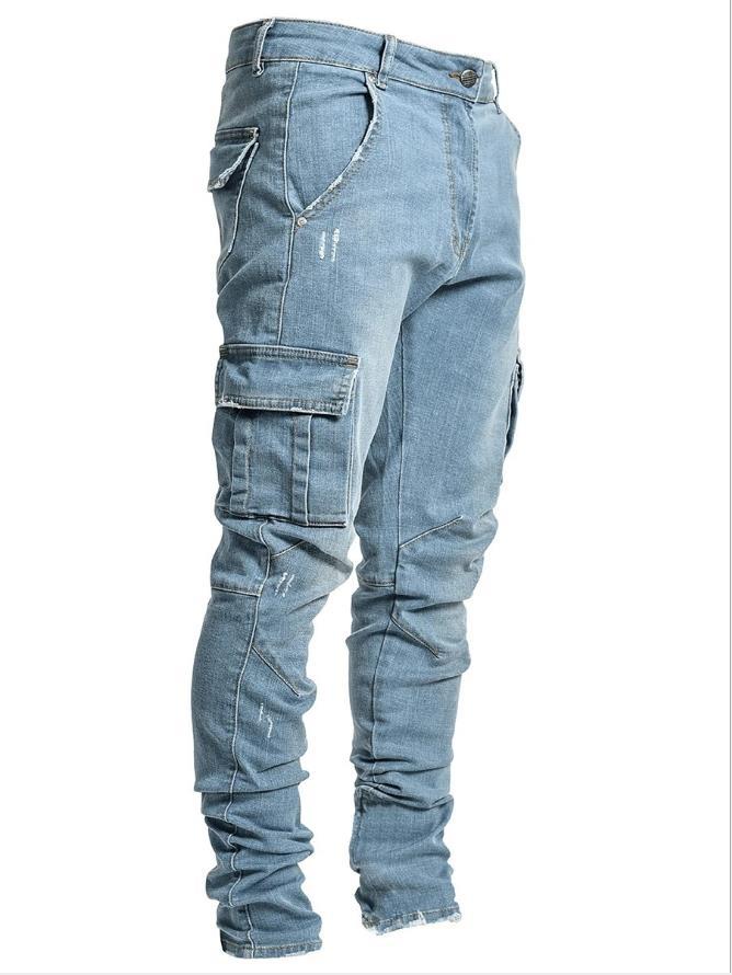 Men's Jeans Wash Solid Pockets Denim Pants Mid Waist Cargo Casual Jeans - MJN0061
