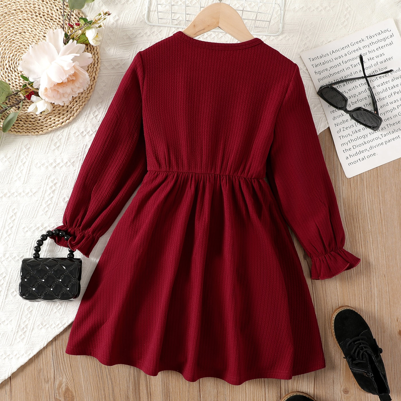 Kid Girl Christmas Sweet 3D Bowknot Design Long-sleeve Red Dress - KGD8308