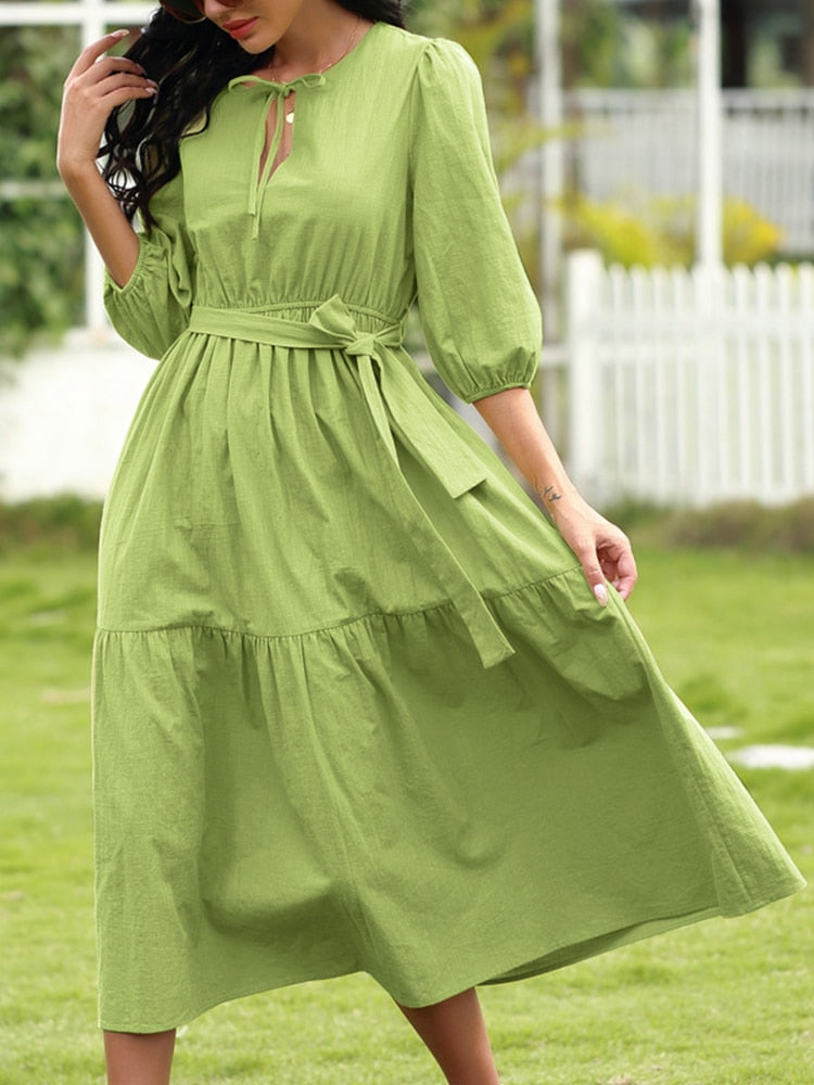 Women Summer Casual Loose Lantern Long Sleeve Solid Color V Neck Tie Front Maxi Dress - WD8049