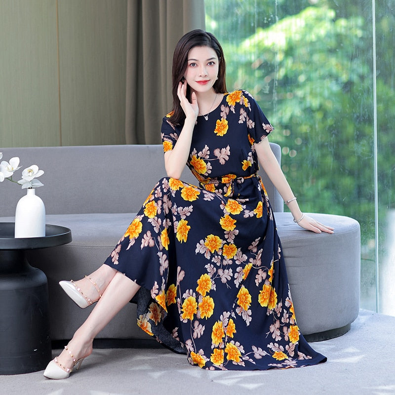 Women Casual Summer Loose Clothes Party Printing O-neck Maxi Dresses - WD8055