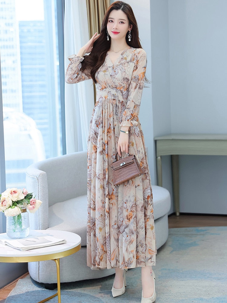 Women Floral Midi Beach Dress Chiffon Casual Korean Spring Long Sleeve Party Dress - WD8072